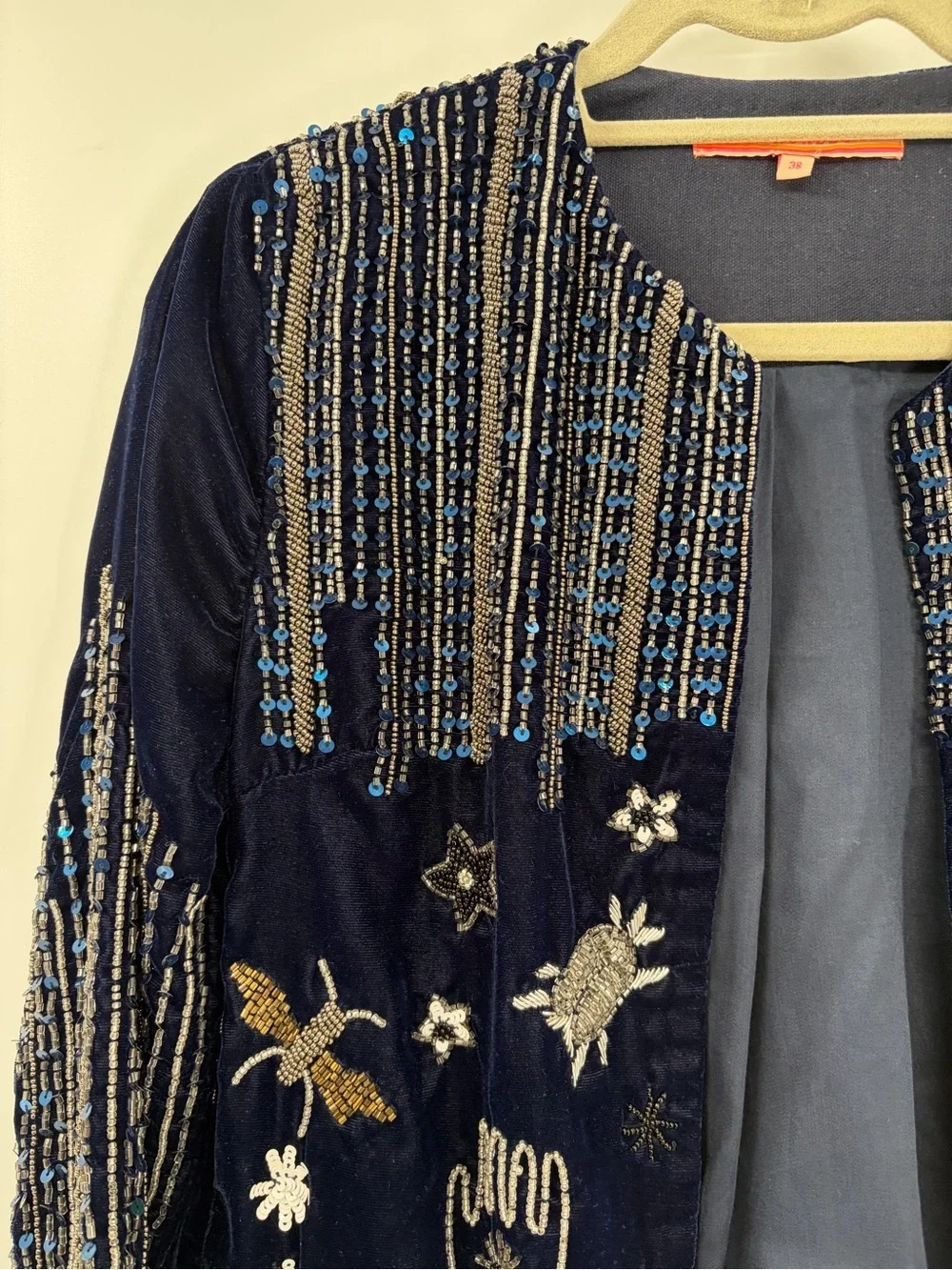 Vilagallo Anthropologie Navy Velvet Beaded Sequin Embellished Jacket Blazer US 6